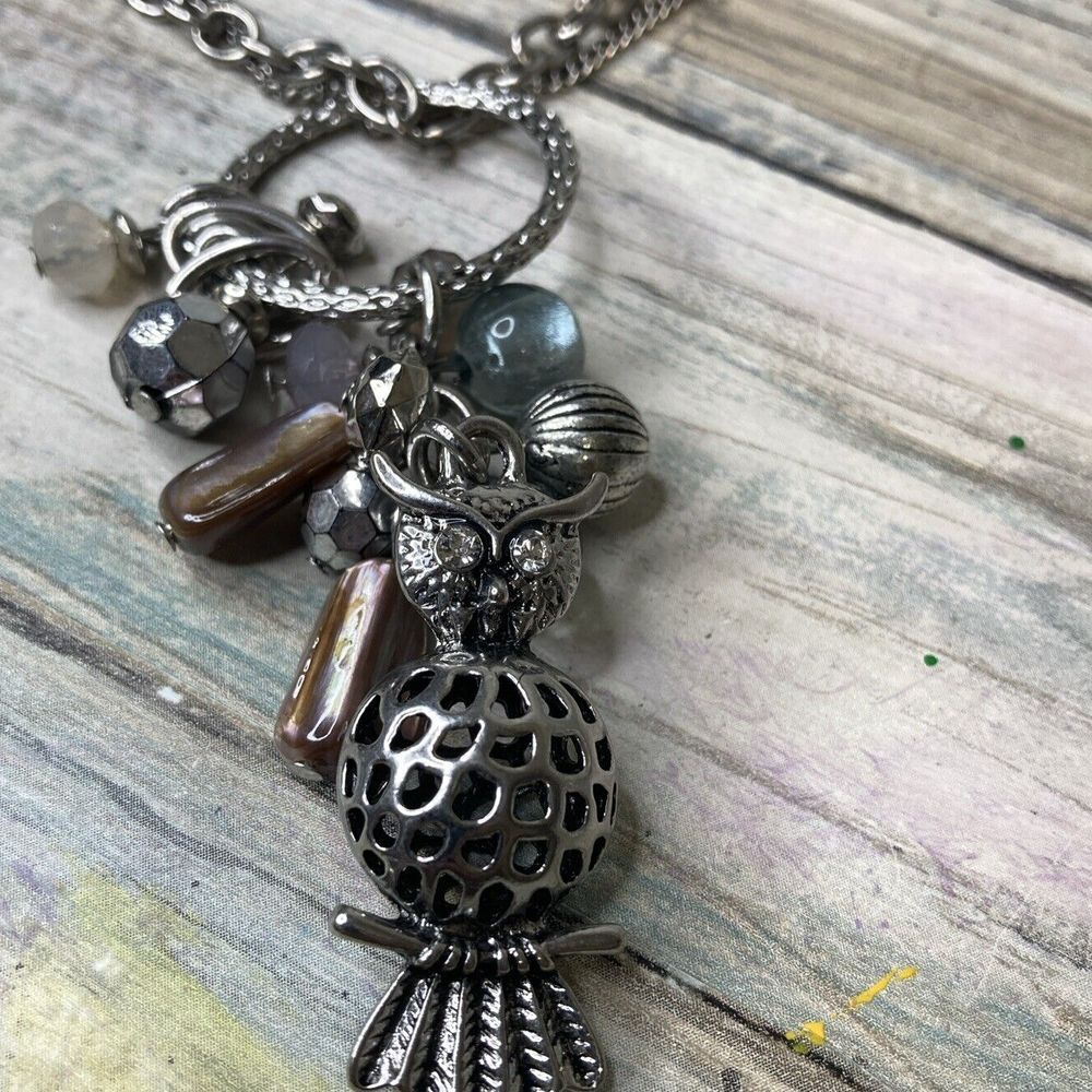 Ruby Rd Owl Pendant Cluster Necklace Charms Double‎ 30" Chain Silver Tone